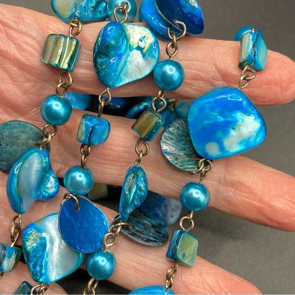 AVENUE Blue Natural Seashells Long Necklace Bohemian Style Oceancore Beachcore - Picture 4 of 9